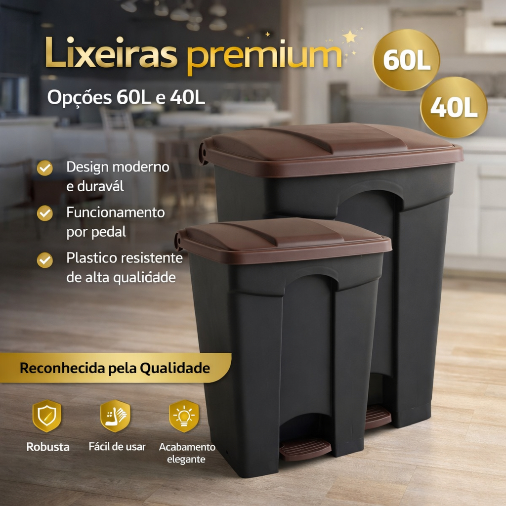 Lixeira com Pedal 40L 60L Alta Resistência Cozinha Banheiro Escritório