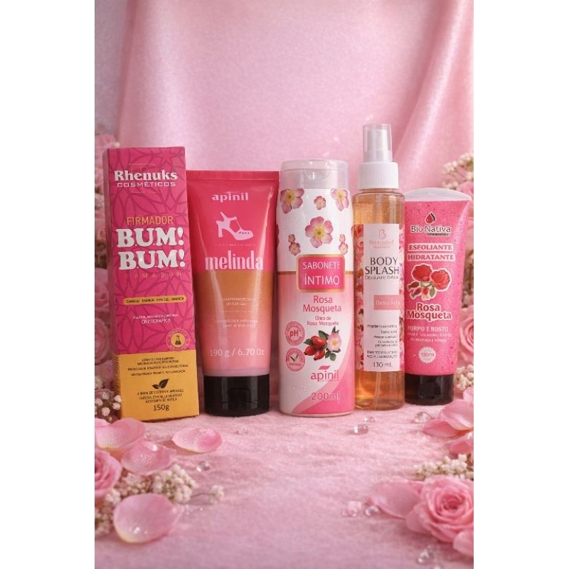 kit Premium Firmador BUM BUM +Loção Hidratante Melinda+Body Splash +esfoliante Rosa Mosqueta