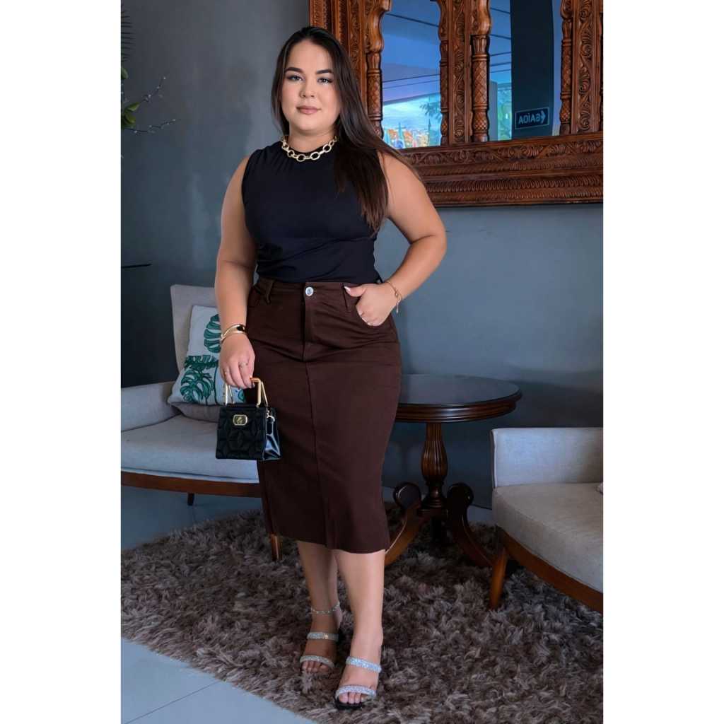 Saia Jeans Plus Size Grande Com Lycra Lavagem Marrom Escuro Feminina Cristã Evangélica Cintura Alta