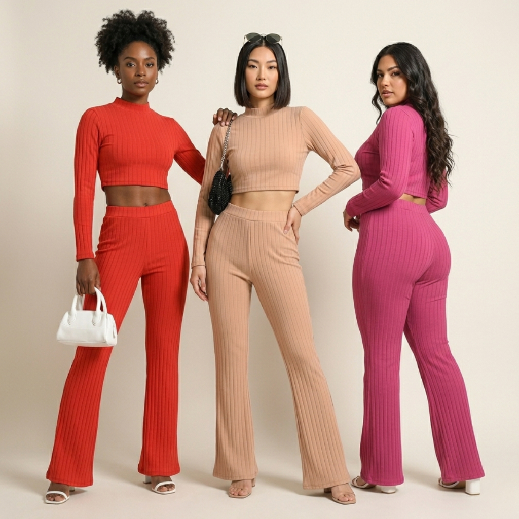 Conjunto Feminino Canelado Power Cropped Gola Manga Longa Calça Flare Cintura Alta Moda Blogueira Inverno