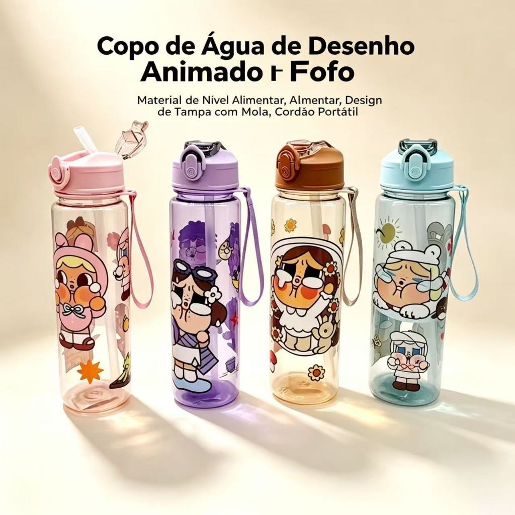 Garrafa de água de plástico de 700ml, com diversos padrões impressos no corpo da garrafa e várias cores disponíveis. em Oferta na Shopee