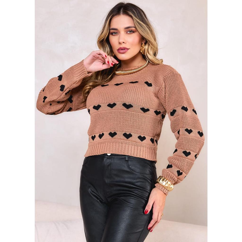 Blusa Cropped de Frio Feminina Estilosa Tricot Corações Roupa Feminina Elegante de Inverno em Oferta na Shopee