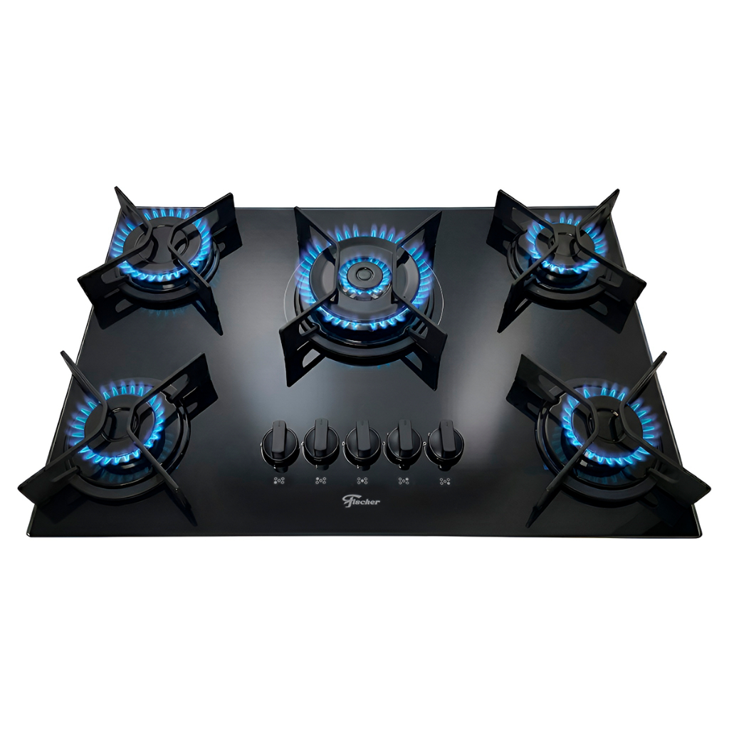 Cooktop a Gás Fischer 5 Bocas Fit Line Tripla Chama Trempe Iron Vidro Preto Bivolt