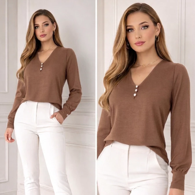 CAMISA SOCIAL FEMININA MANGA LONGA LISA TECIDO DUNA BOTÕES