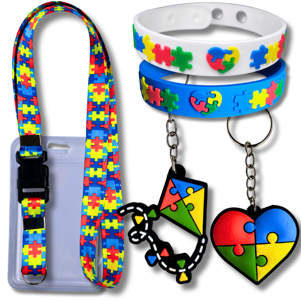 Kit Autismo 4 Peças – Cordão Crachá Pulseira Chaveiro Inclusão Identificação Autista Quebra-cabeça em Oferta na Shopee