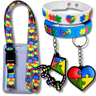 Kit Autismo 4 Peças – Cordão Crachá Pulseira Chaveiro Inclusão Identificação Autista Quebra-cabeça em Oferta na Shopee