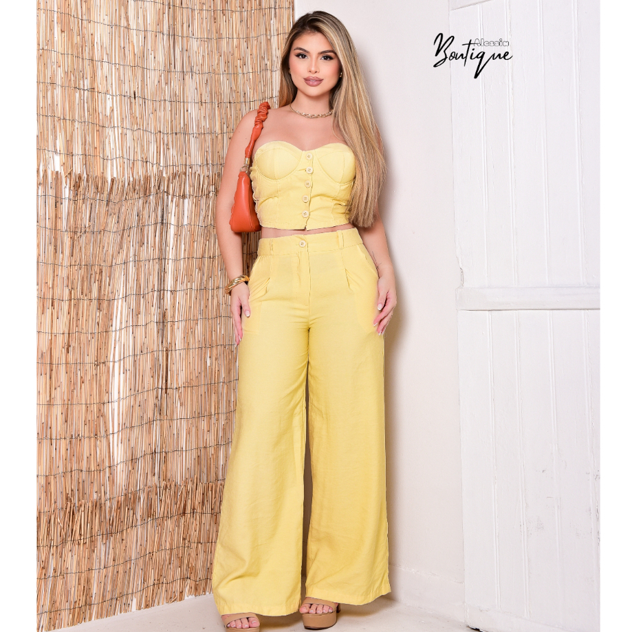 CONJUNTO FEMININA LOOK CASUAL CROPED E CALÇA PANTALONA