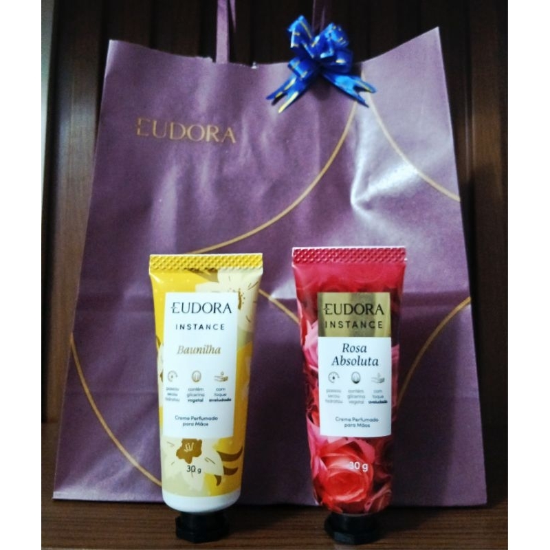 kit Combo 02 Creme Hidratante Mãos Eudora Instance Baunilha e Rosa Absoluta 30g Vegano.