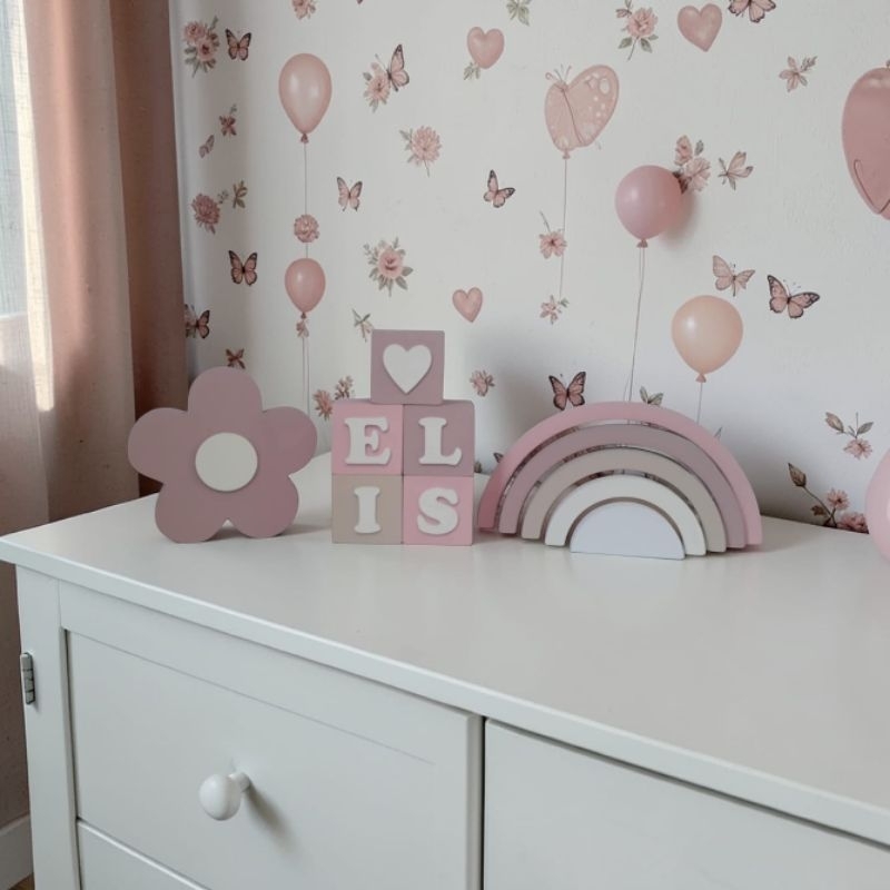 kit de Decoração mdf festa e quarto, enfeite de mdf cubos com flor + arco adorno infantil