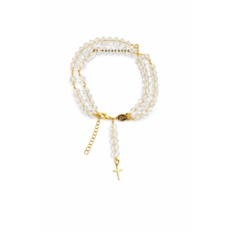 Pulseira Terço de Pulso Folheado a Ouro18k Religioso Cristal Pulseira Terço Pingente