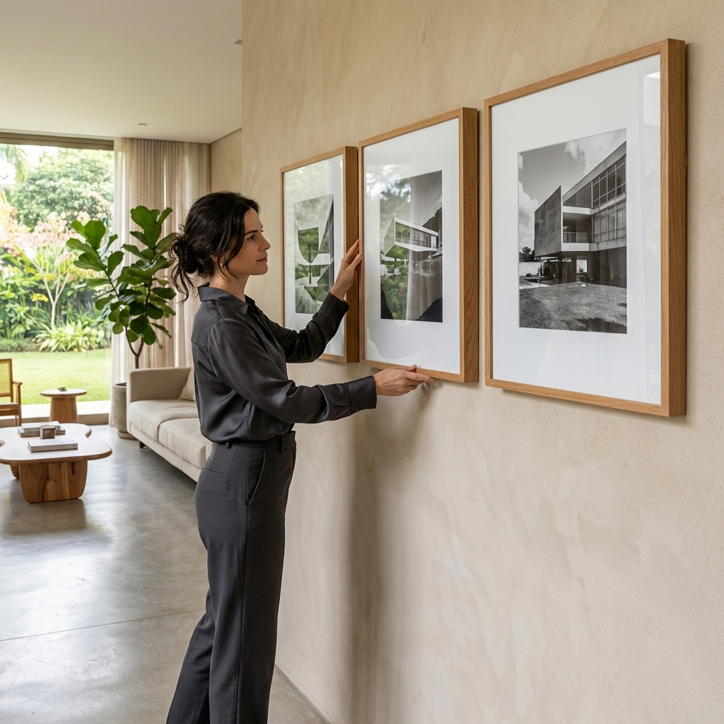 kit 3 quadros decorativos moldura 30x30 fotos tamanhos diversos amadeirado decoração elegante