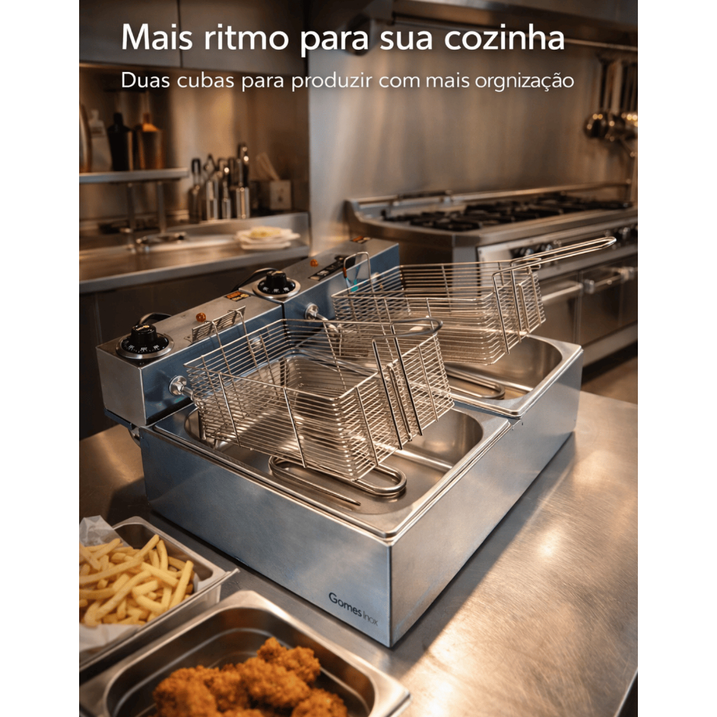 Fritadeira Elétrica 10 Litros 2 Cubas Profissional 5 Litros Cada com Cabo de Proteção Gomes Inox — imagem 2 de 2