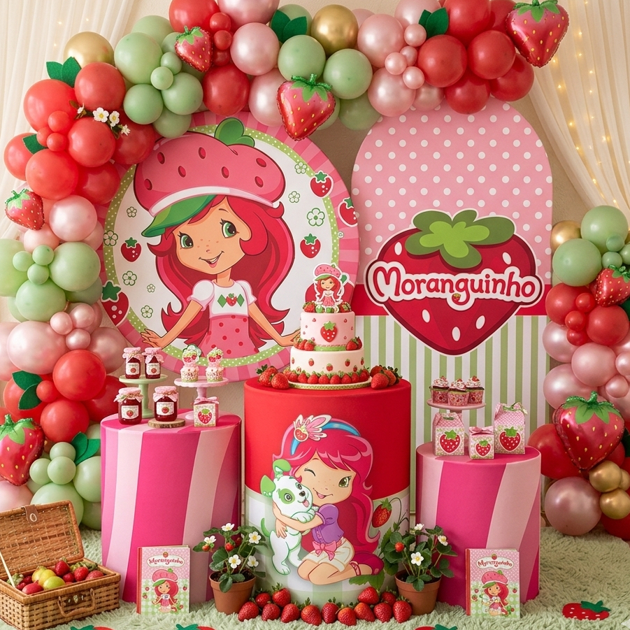 Kit Festa Moranguinho Capas Veste Fácil Bibi Painéis + Cilindros Sublimados Decoração Infantil Completa