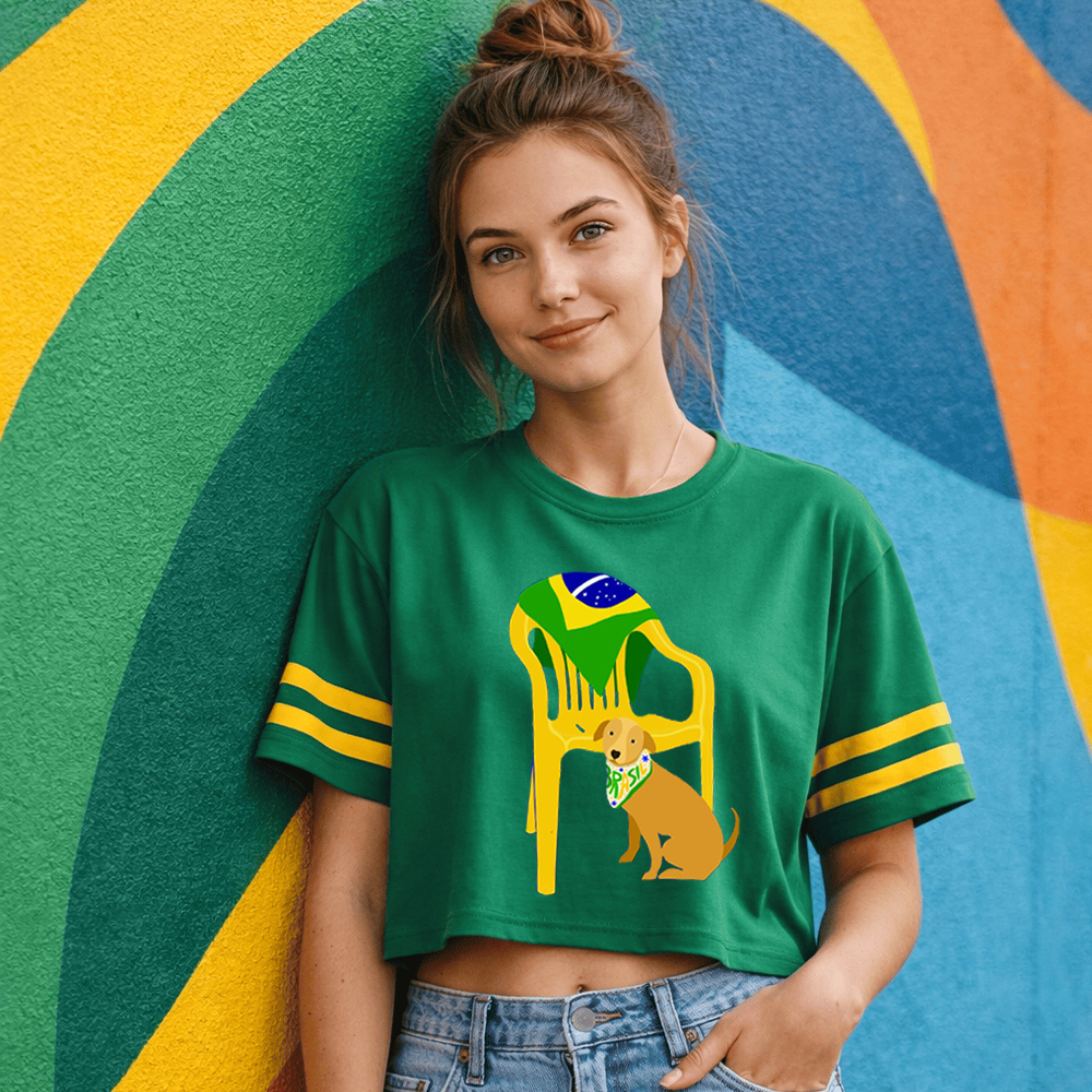 Blusa Cropped Oversized Algodão Brasil Copa do Mundo Futebol Cachorro Torcedor Vira-Lata Caramelo