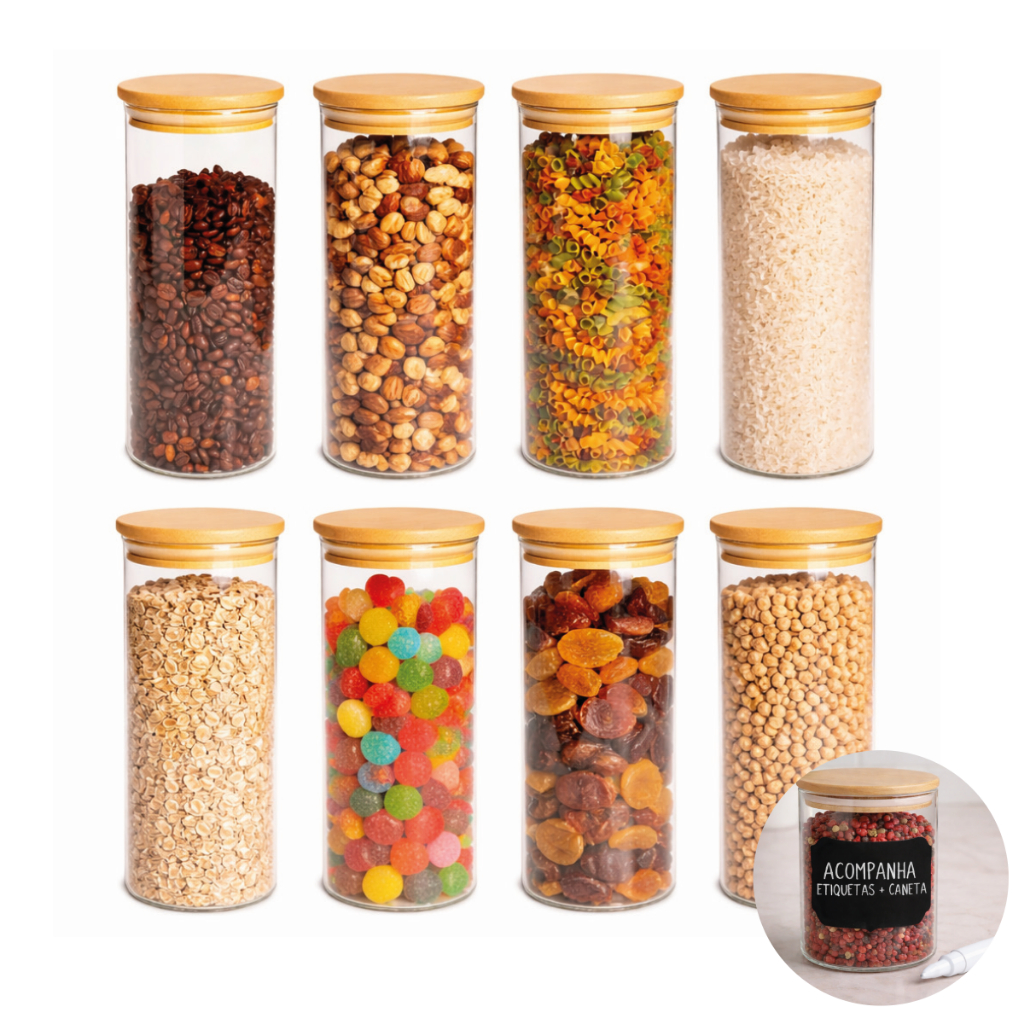 8 Potes Herméticos De Vidro Tampa Bambu 400Ml em Oferta na Shopee