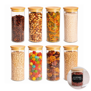 8 Potes Herméticos De Vidro Tampa Bambu 400Ml em Oferta na Shopee