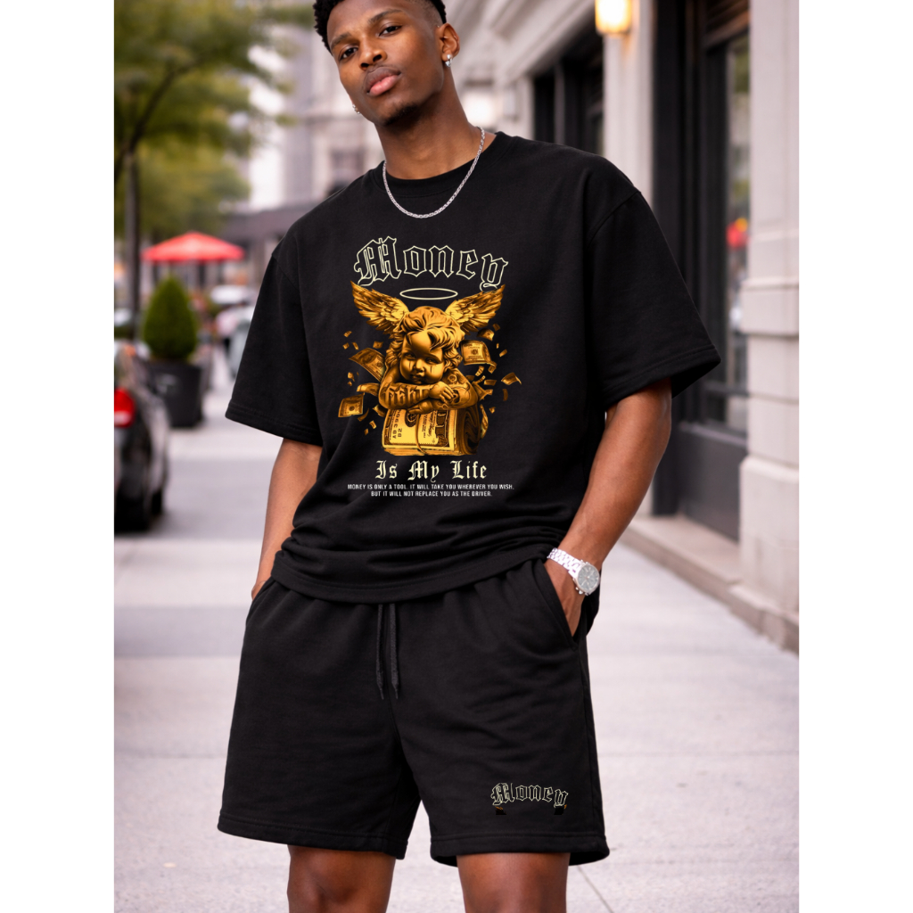 Conjunto Masculino Oversized  Camiseta + Short Moletom Streetwear Algodão Confortável Casual Esportivo Premium Anjo