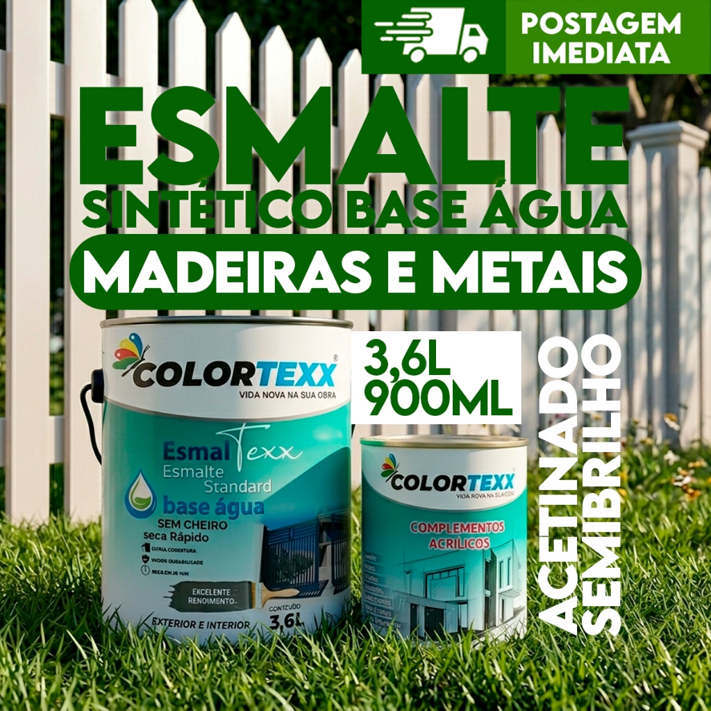 Tinta Esmalte ACETINADO (Base água) 3,6L | 900ML Madeiras e metais sem cheiro Seca Rapido Colortexx