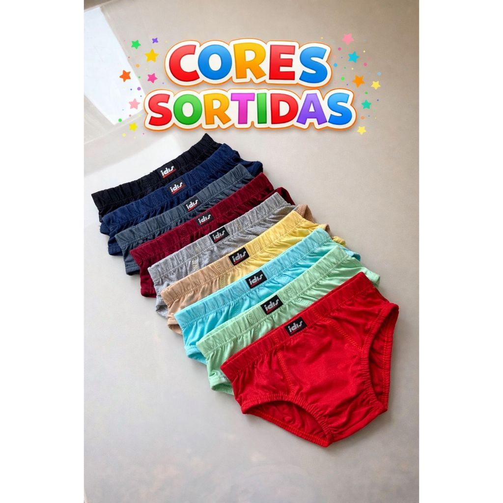 Kit Cuecas Infantil Slip Menino Algodão Forradas 10 - 05 coecas Fresquinhas Tradicional Lisas Cores Sortidas Conforto