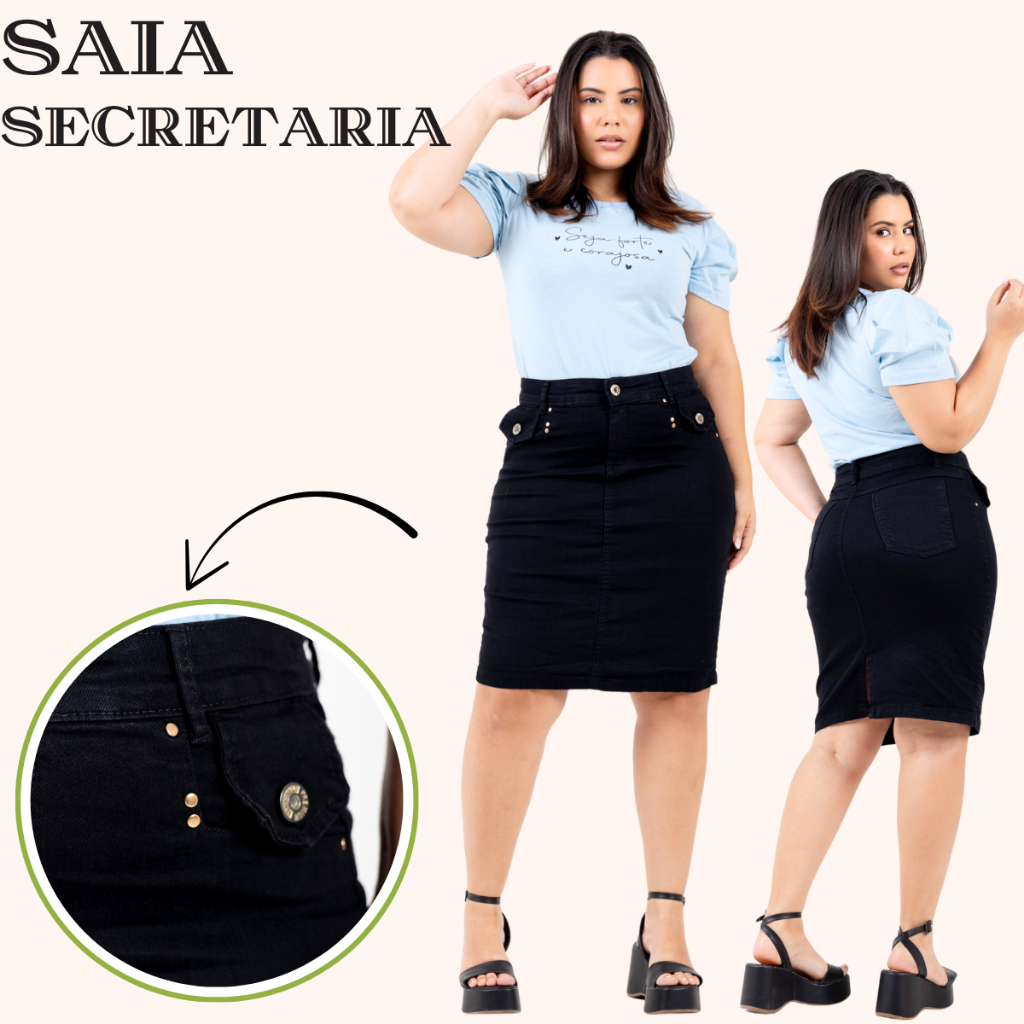 Saia SECRETARIA PREMIUM  Evangelica Jeans Na Cor Preta Amaciada Do 38 ao 46