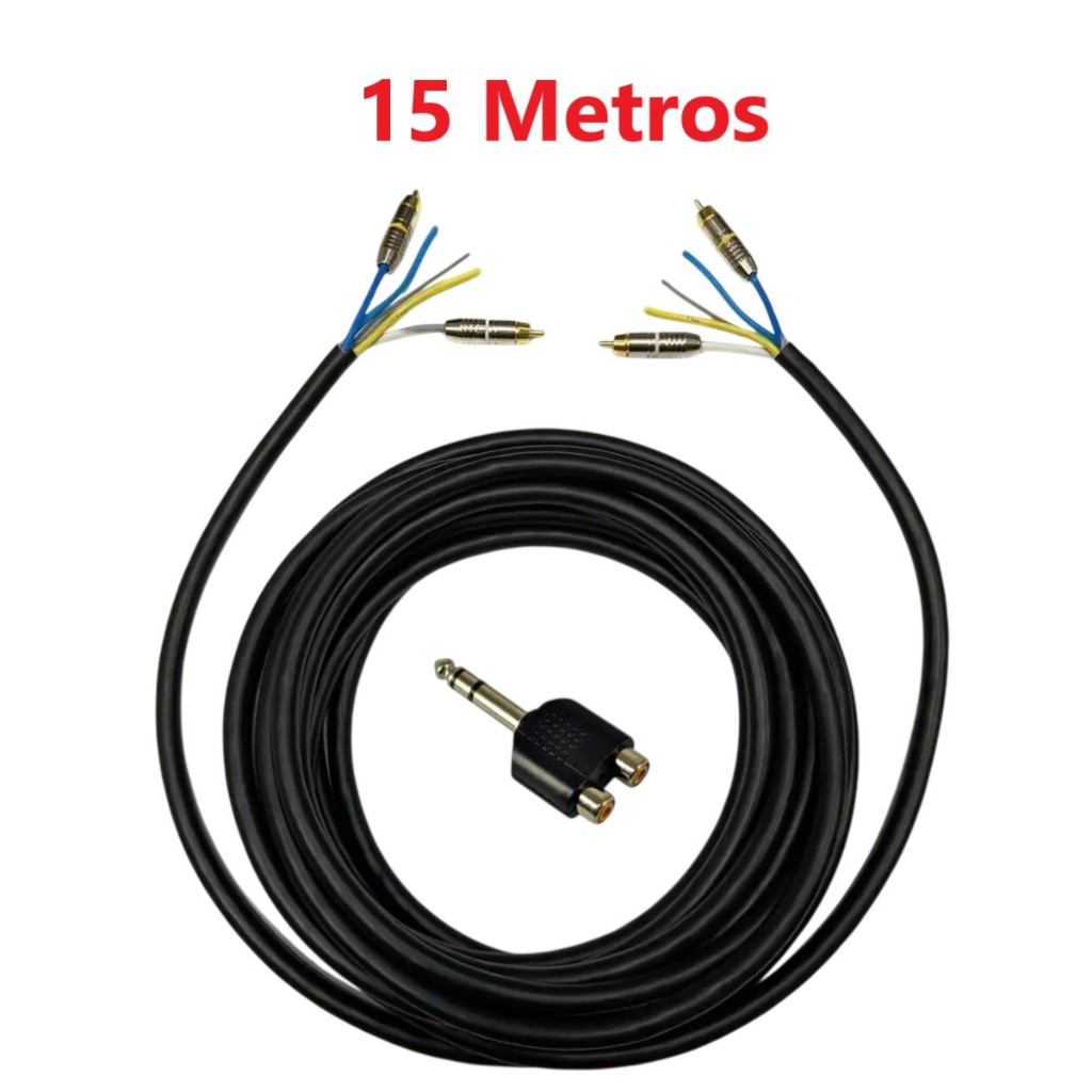 Cabo Rack RCA 5 Vias 15 Metros 100% Cobre Som Automotivo Trio Paredão + 4 Conectores RCA
