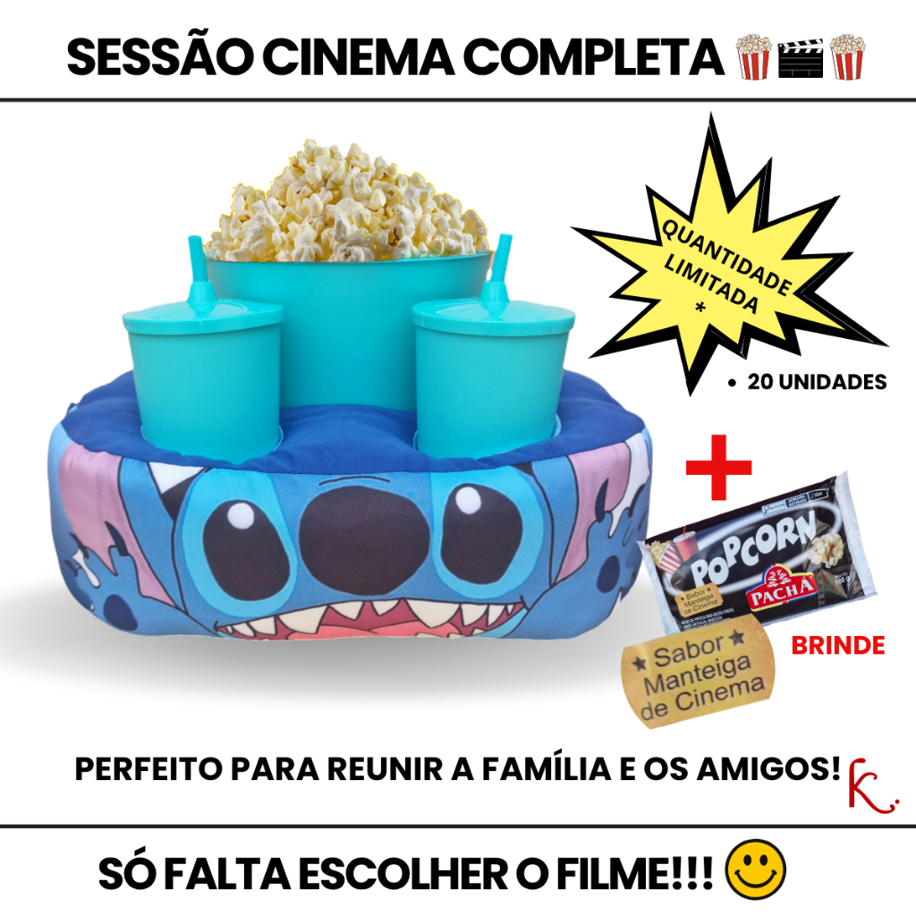 🍿Kit Pipoca Duplo STITCH Mabruke – Presente Criativo para Namorados – Almofada Porta Copos + Balde Cinema em Casa em Oferta na Shopee