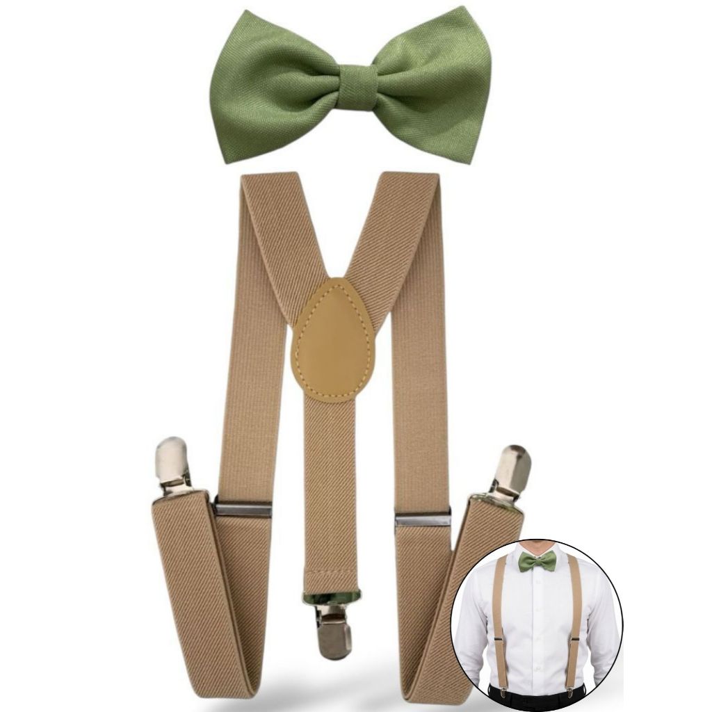 Kit Masculino Suspensório Bege e Gravata Borboleta Verde Oliva Clara Adulto Padrinhos de Casamento