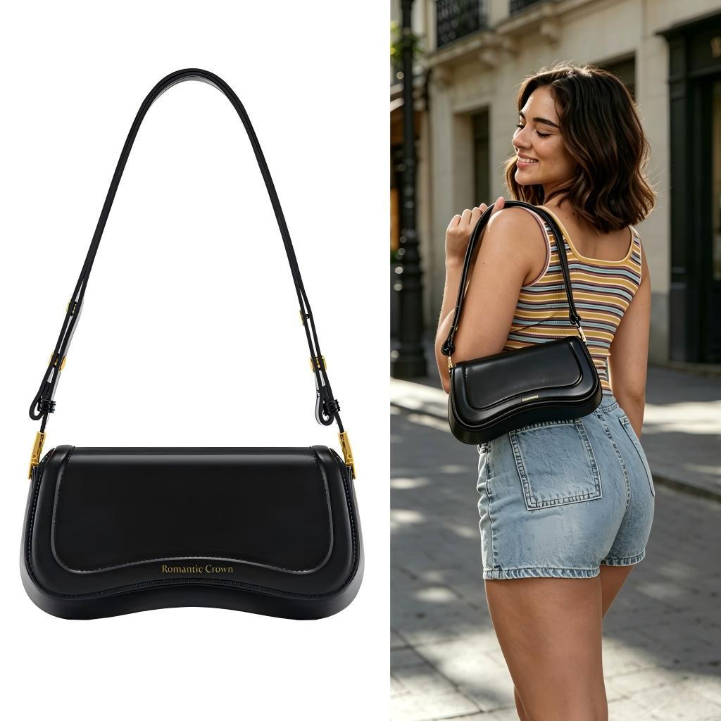 Bolsa de Ombro Feminina com Alça Ajustável, Bolsa Feminina Elegante com Couro Preto, Bolsa...