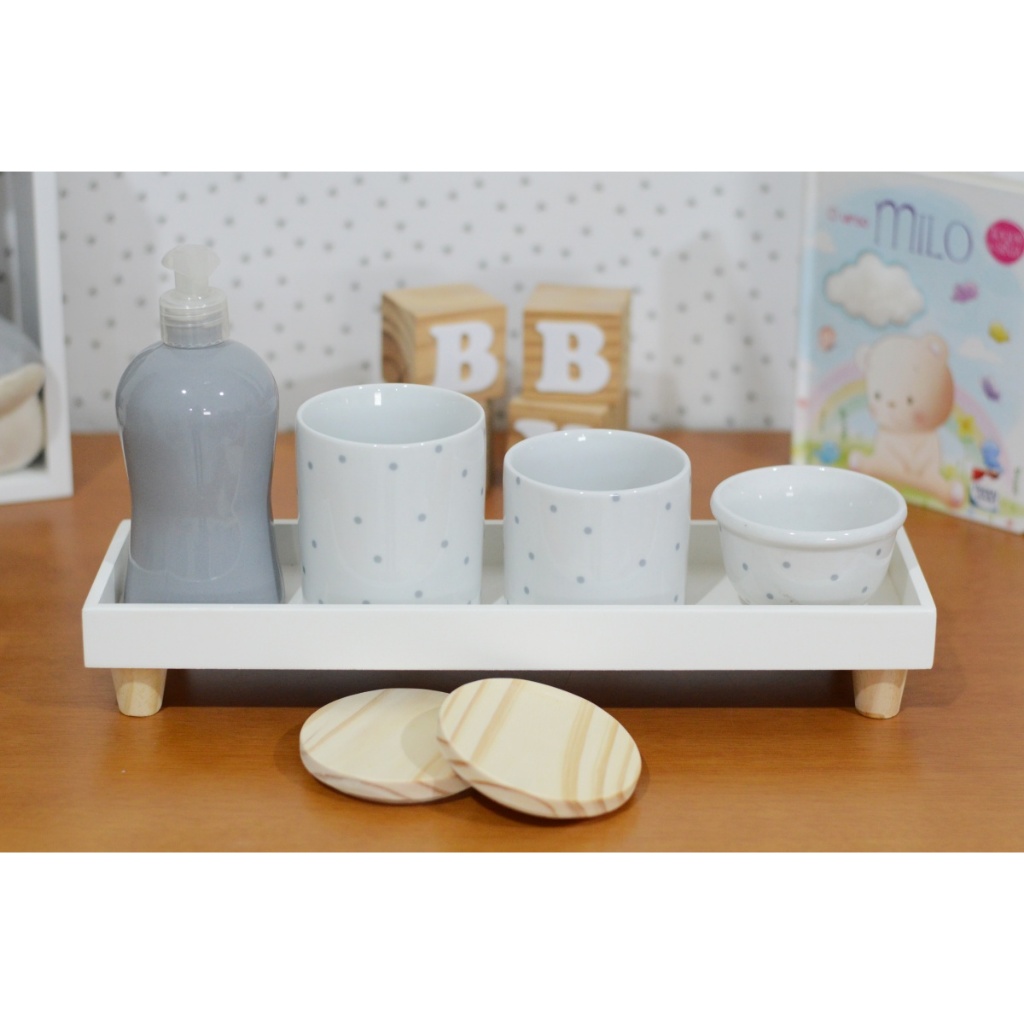Kit Higiene Promocional Bebê Maternidade Poa Cinza Organizador Potes Algodão Cotonete Gel Meninos Quarto