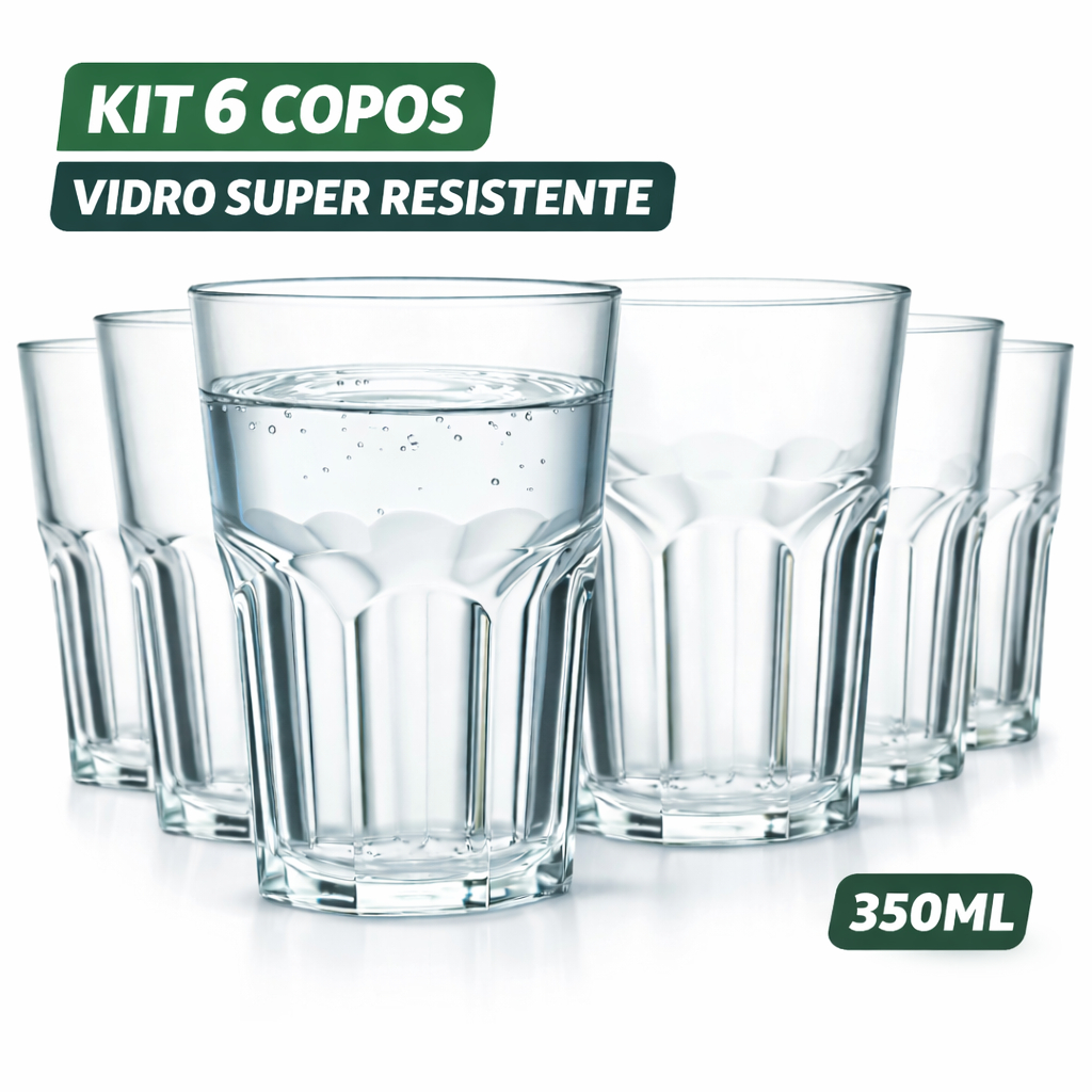 Jogo de 6 Copos 350ml Vidro Reforçado Egipicio Importado