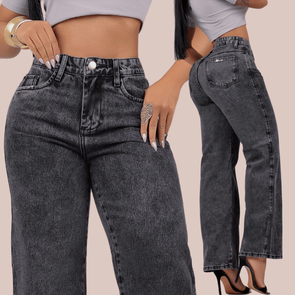 Calça Wide Leg Cinza Marmorizada Grafite Feminina Jeans Cintura Alta 100% Algodão Pantalona