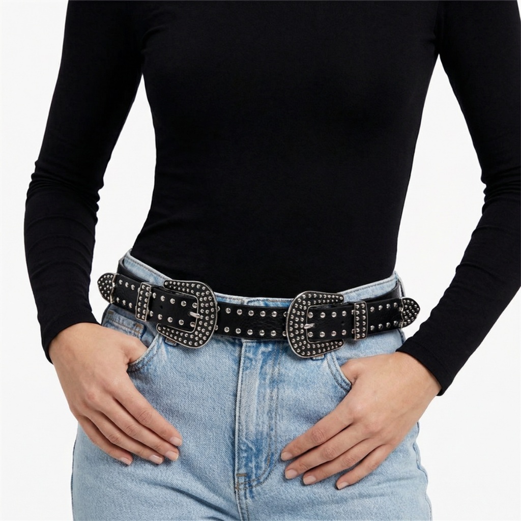 Cinto Feminino Duas Fivelas Courino Metal Tendência Moda