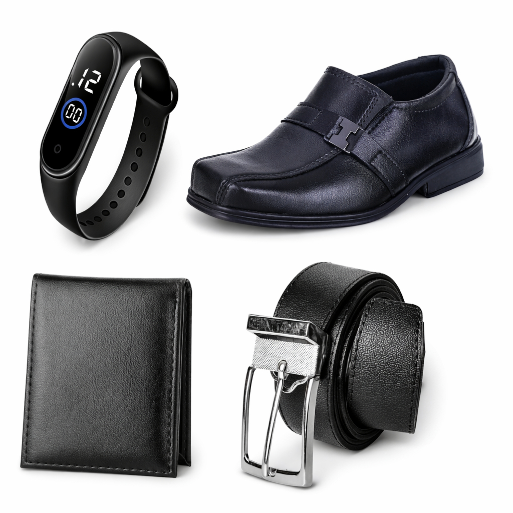 Kit 1 Par De Sapato Social Masculino Infantil + Relógio + Carteira + Cinto Infantil Ajustável