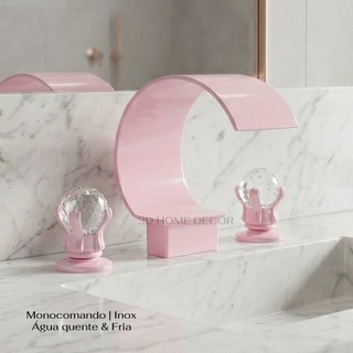 Torneira P/ Banheiro Rosa Cristal Luxo Monocomando INOX Acabamento Cristal Luxo Torneira de Pia Rosa Cristal