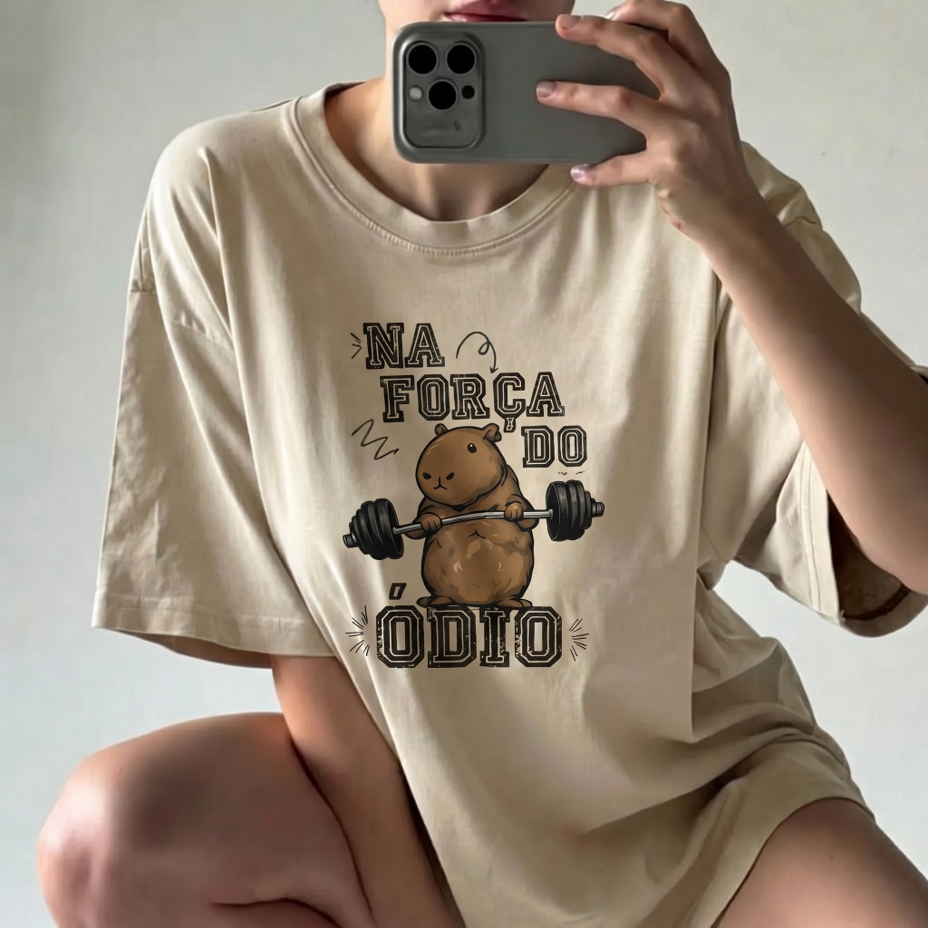 Camiseta Capivara Academia Feminina Oversized Meme Engraçada Na Força do Ódio