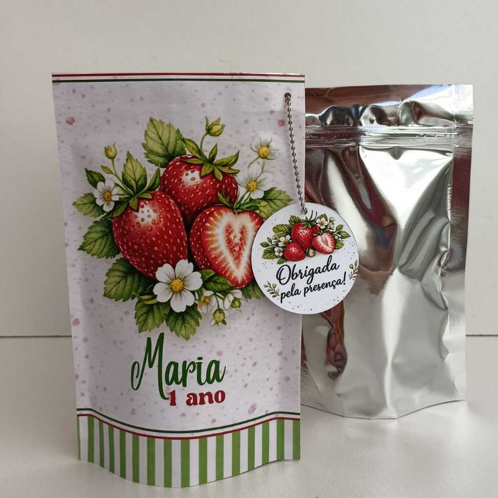 Saquinho Metalizado Personalizado Morango/12x19cm/lembrancinha de festa Morango/Moranguinho