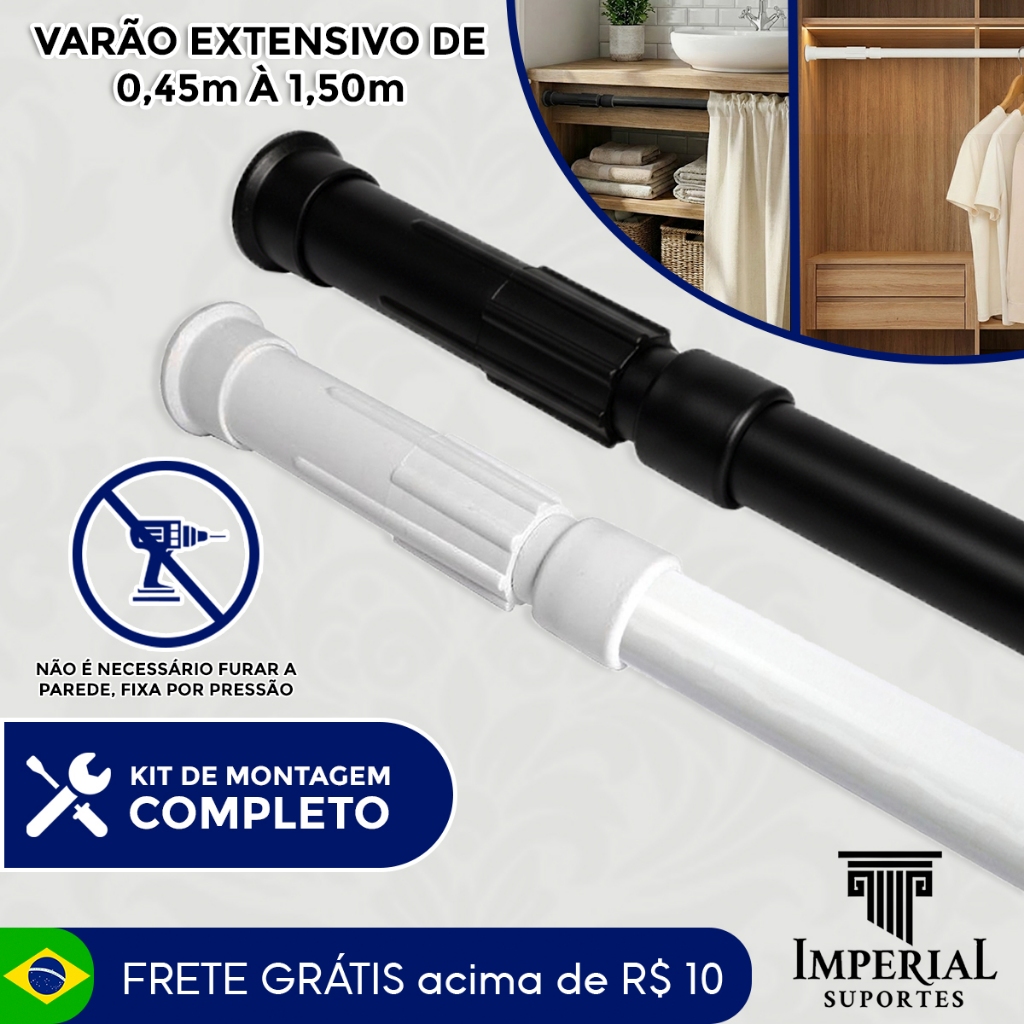 Varão Extensivo Ajustável 0,45m à 1,50m Cortina Box Banheiro Suporte Sem Furo Branco e Preto