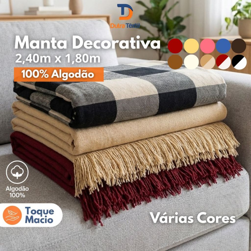 Manta Para Sofá Decorativa 2,40m x 1,80m Grande 100% Algodão Capa Protetora de Sofá