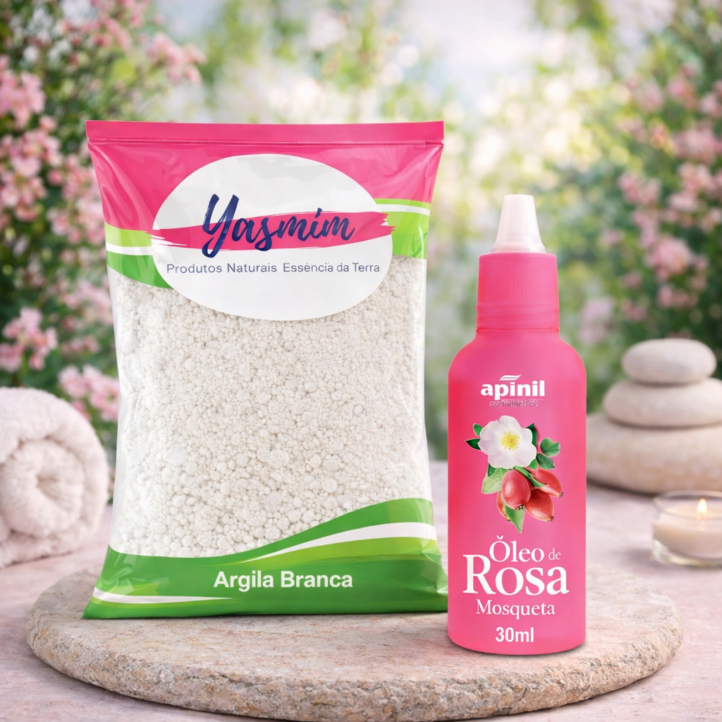 KIT SKINCARE ARGILA BRANCA 1kg + ROSA MOSQUETA OLÉO (apinil) 100% Natural – Produto Natural