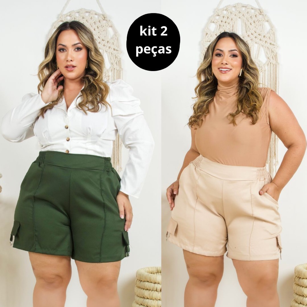 KIT 2 Short Meia Coxa Bermuda Alfaiataria Plus Size Estilo Cargo Social Elegante