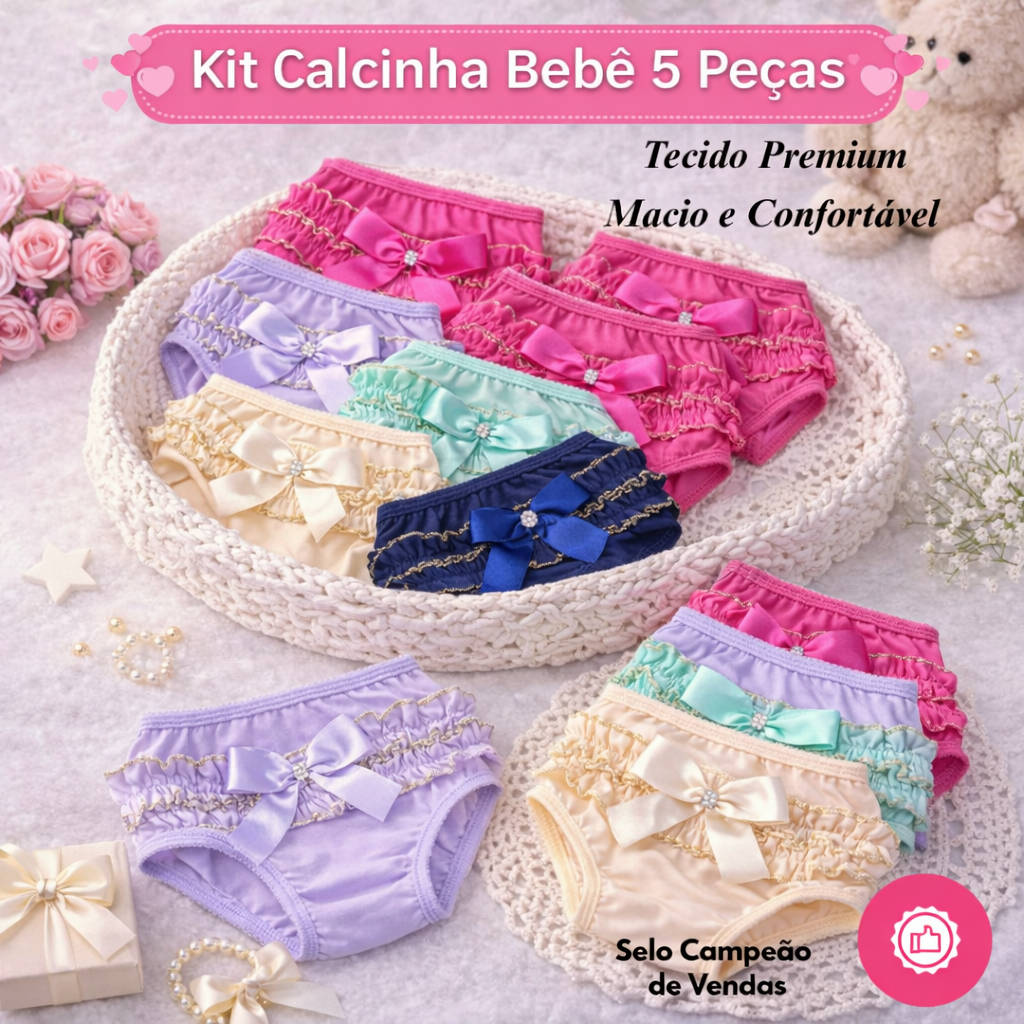 Kit 5 Calcinha Bebê Lisas e Bordadas Conforto Premium Cores Variadas Macias e Confortáveis
