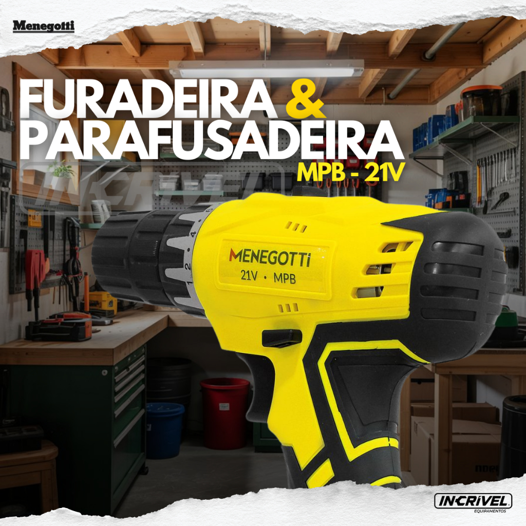 Parafusadeira Furadeira Elétrica Bivolt 21v Menegotti Bateria Intercambiável Lítio 13000Ah