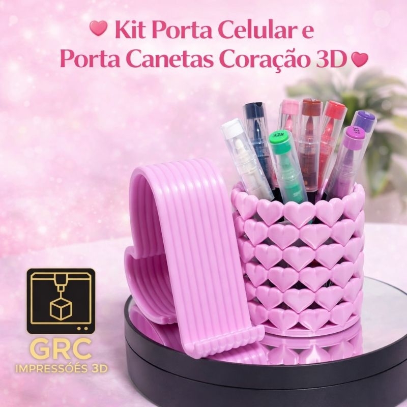 Kit Porta Celular + Porta Canetas Coração 3D | Organizador Decorativo | GRC Impressões 3D