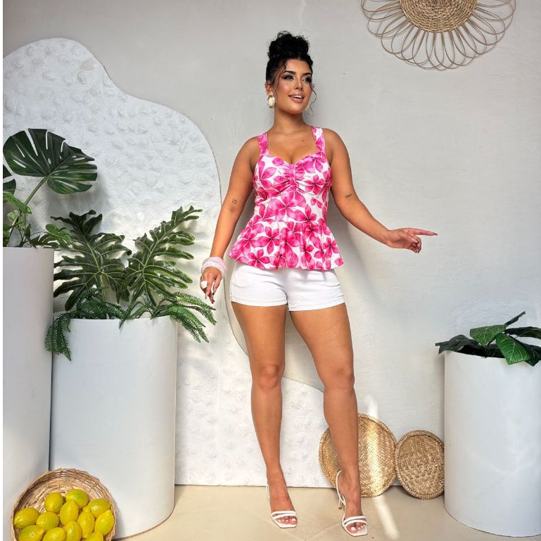 Blusa Peplum Feminina Suplex Digital com Alça e Bojo | Modela a Cintura.