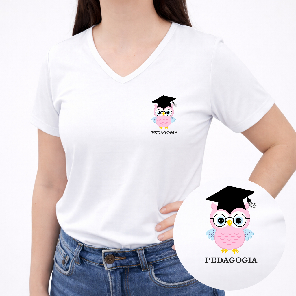 Camiseta Baby Look Feminina Coruja Pedagogia | Gola V Poliviscose Antipilling | Estampa Pedagogia