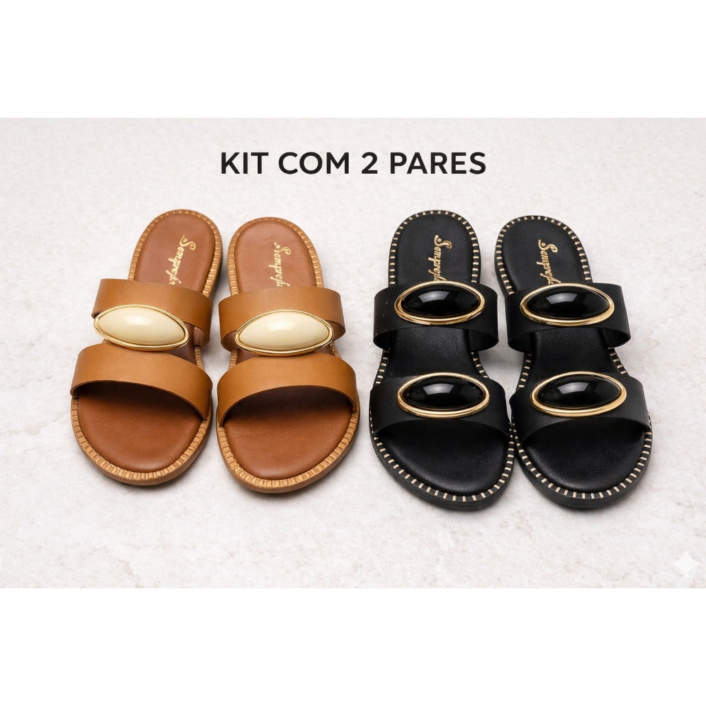 Kit 2 Pares Sandálias Sempre Bella – Marrom  Dourado & Preto  | Conforto e Elegância