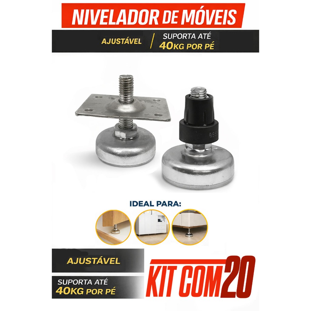 20 Pçs Sapata Pé Nivelador C/ Chapa 30x45mm Rosca 5/12 Metal Reforçado Para Móveis Pesados