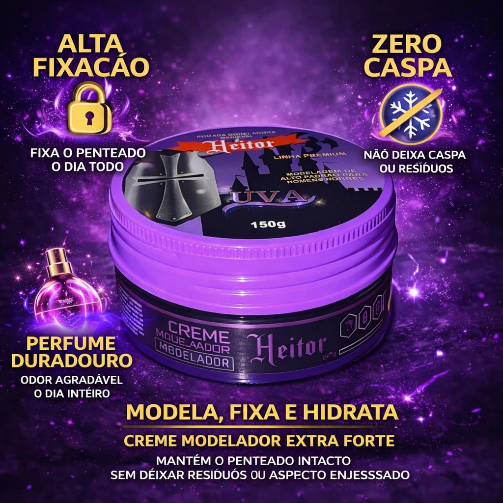 🔥 Pomada Modeladora Heitor Uva 150g | Fixação Extra Forte o Dia Todo | Zero Caspa | Cheiro de Uva Irresistível.