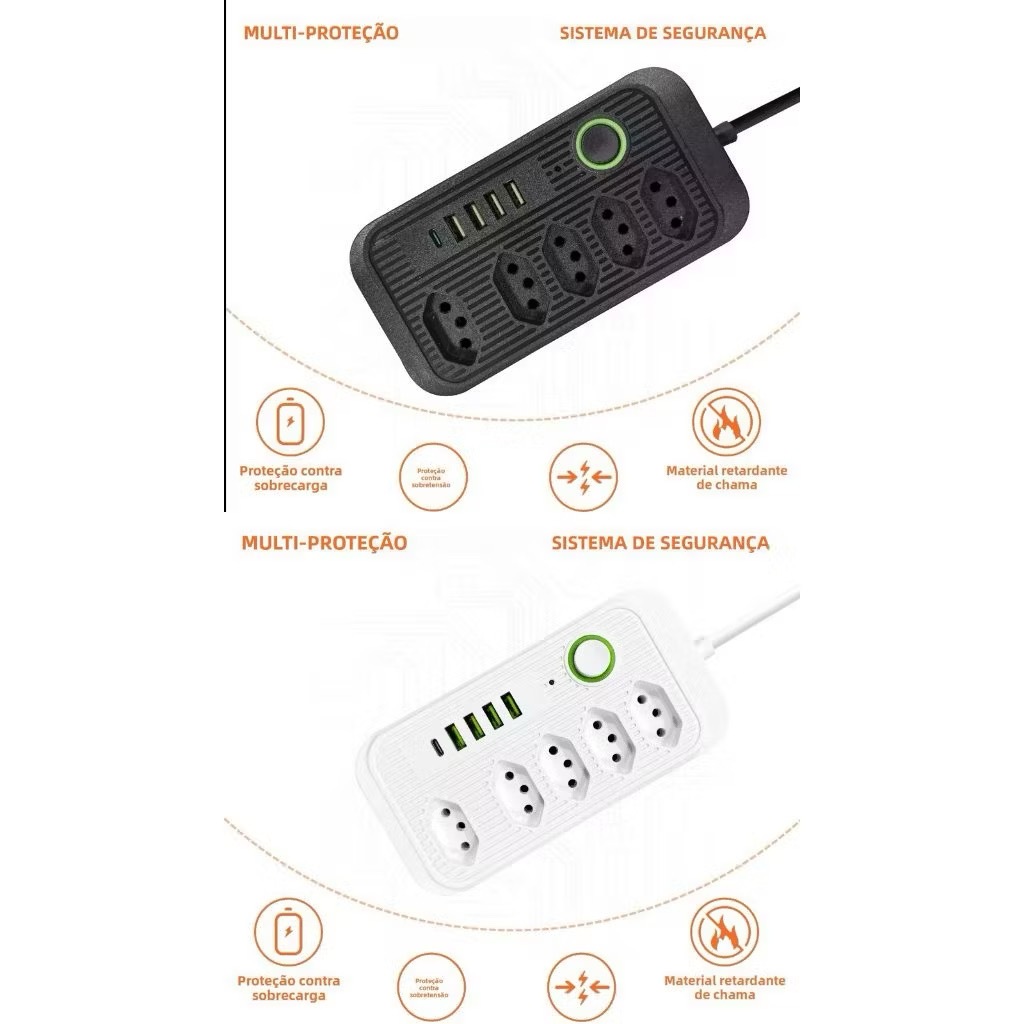 Extensão de tomada 5 tomadas filtro de linha com 4 usb 1 USBC com cabo de 1.90 cm Bivolt