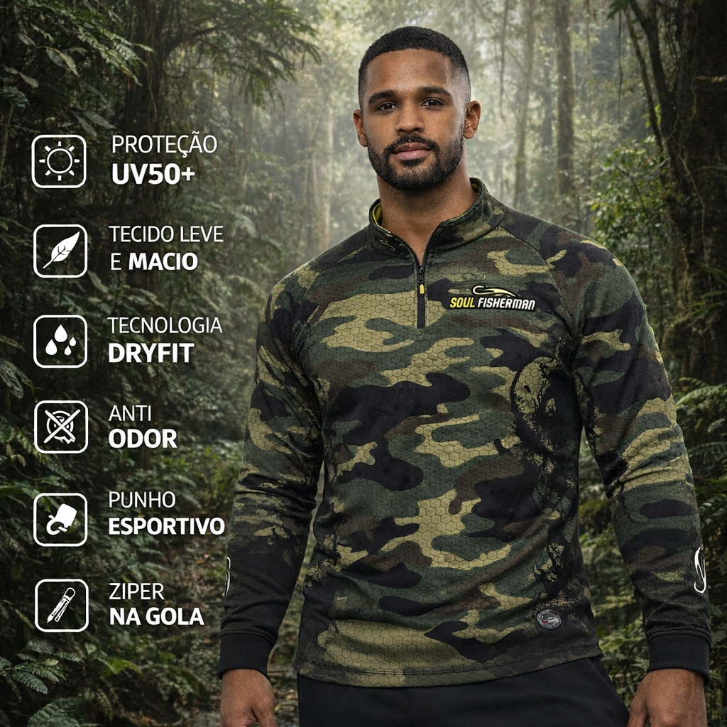 CAMISA, CAMISETA CAMUFLADA DE PESCA, BLUSA DE  PESCARIA COM PROTECAO SOLAR UV50+